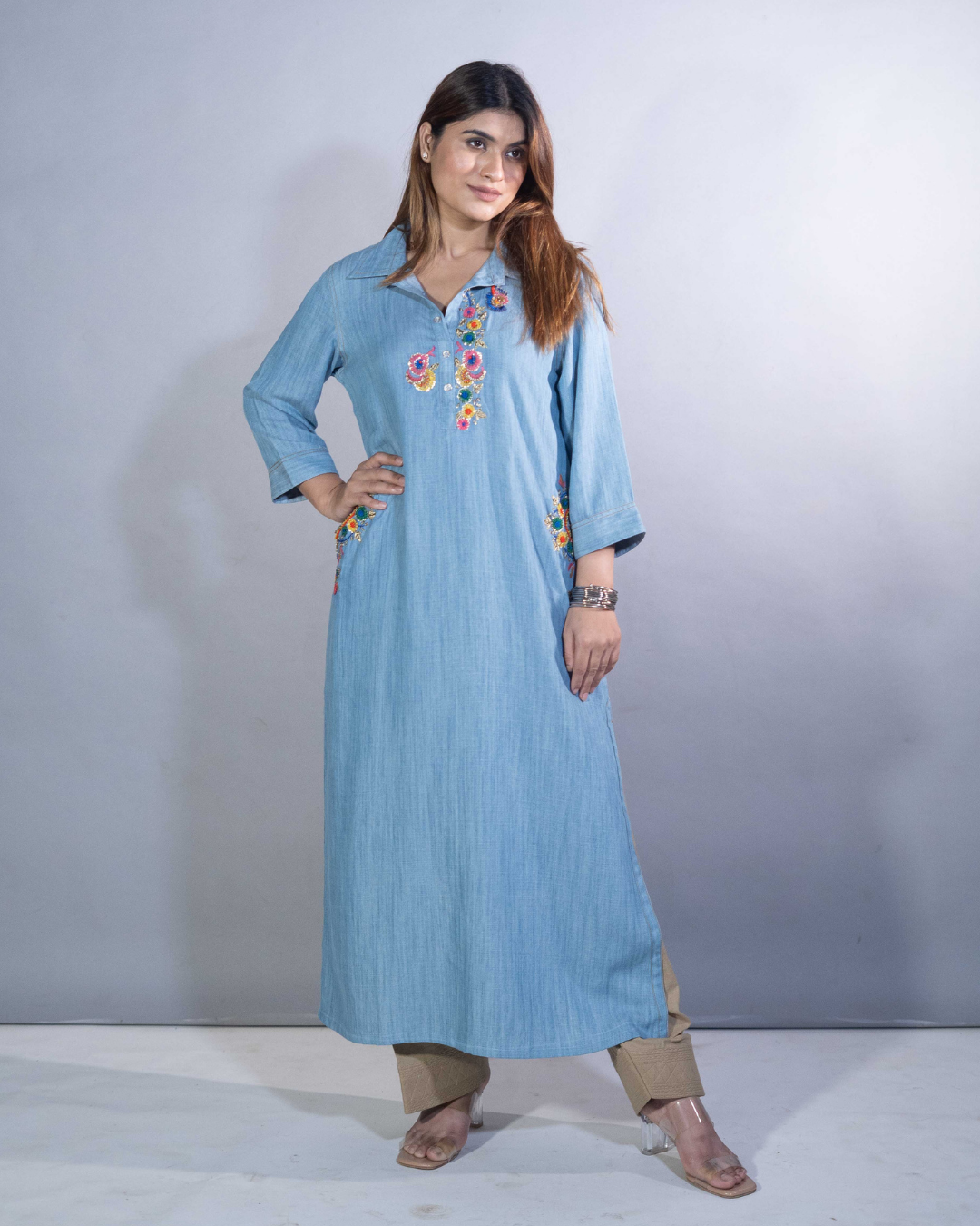 Denim Charm Hand-Embroidered Dress