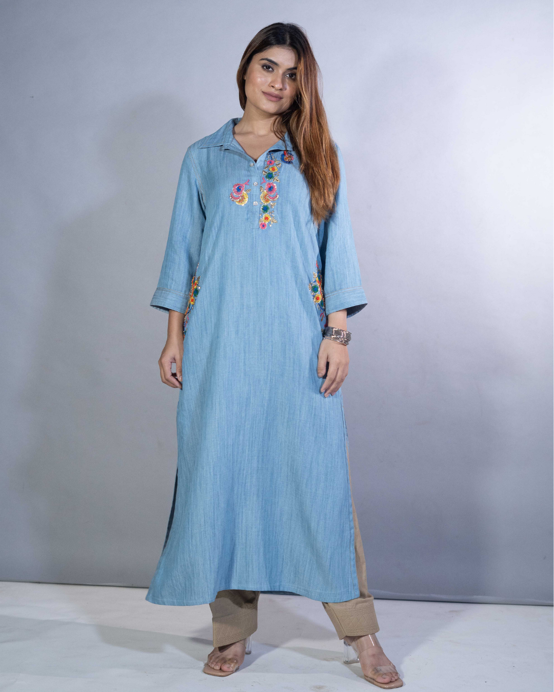 Denim Charm Hand-Embroidered Dress