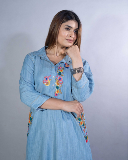 Denim Charm Hand-Embroidered Dress