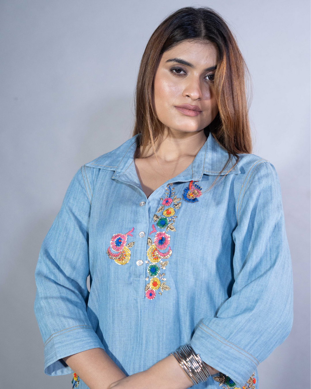 Denim Charm Hand-Embroidered Dress