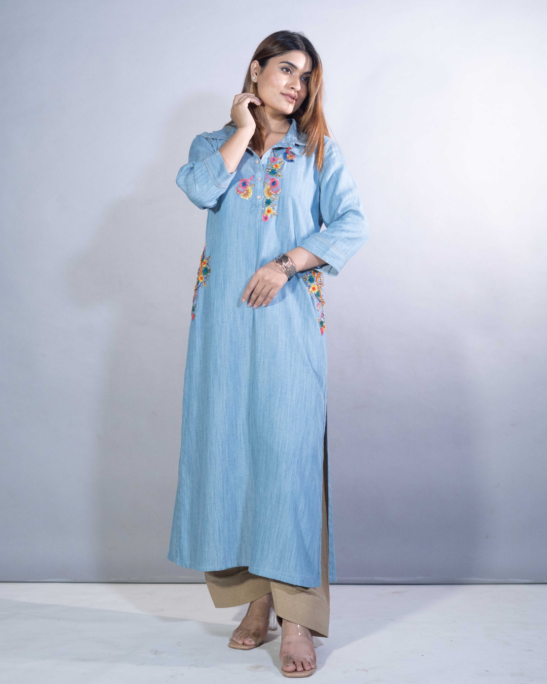 Denim Charm Hand-Embroidered Dress