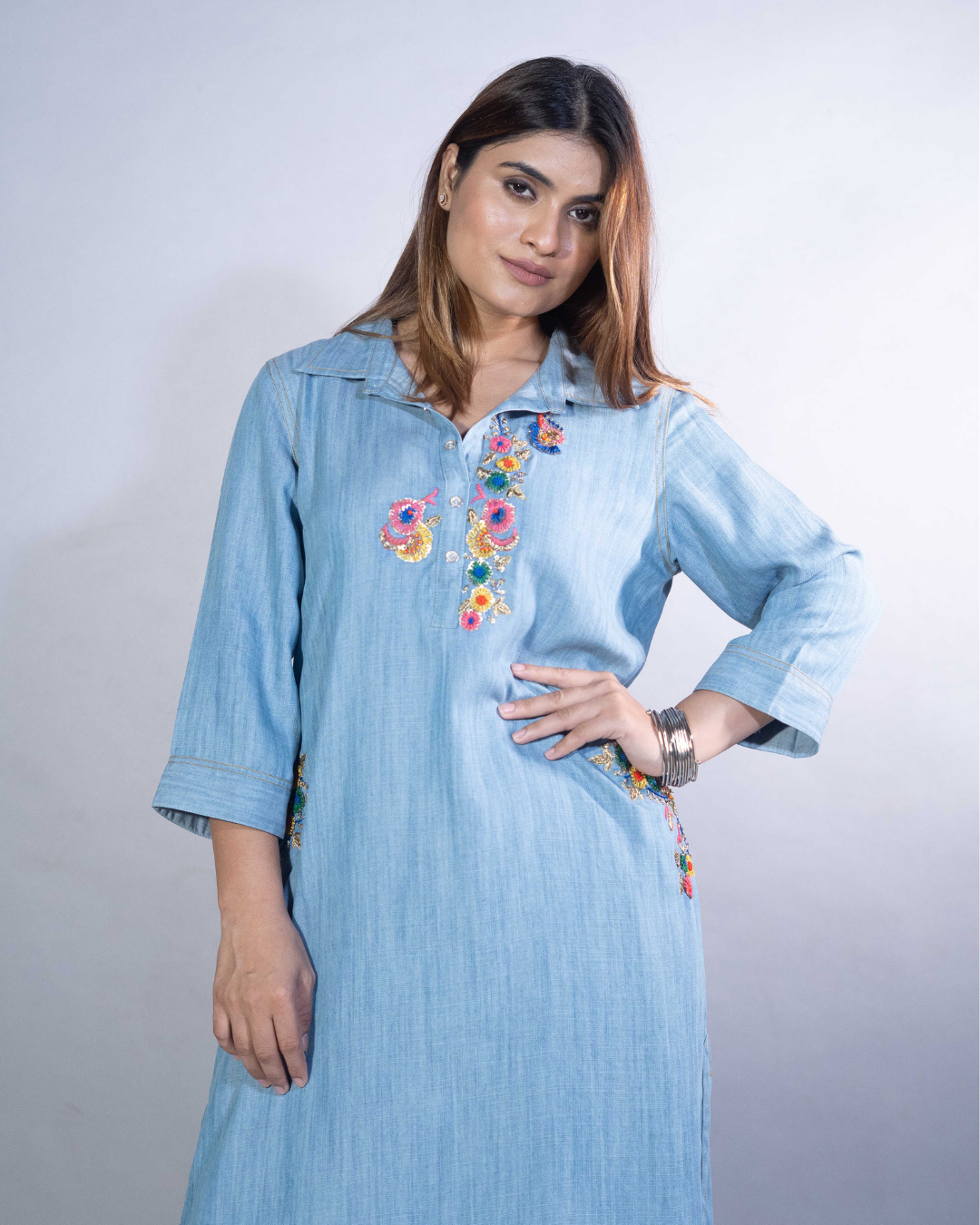 Denim Charm Hand-Embroidered Dress Main image