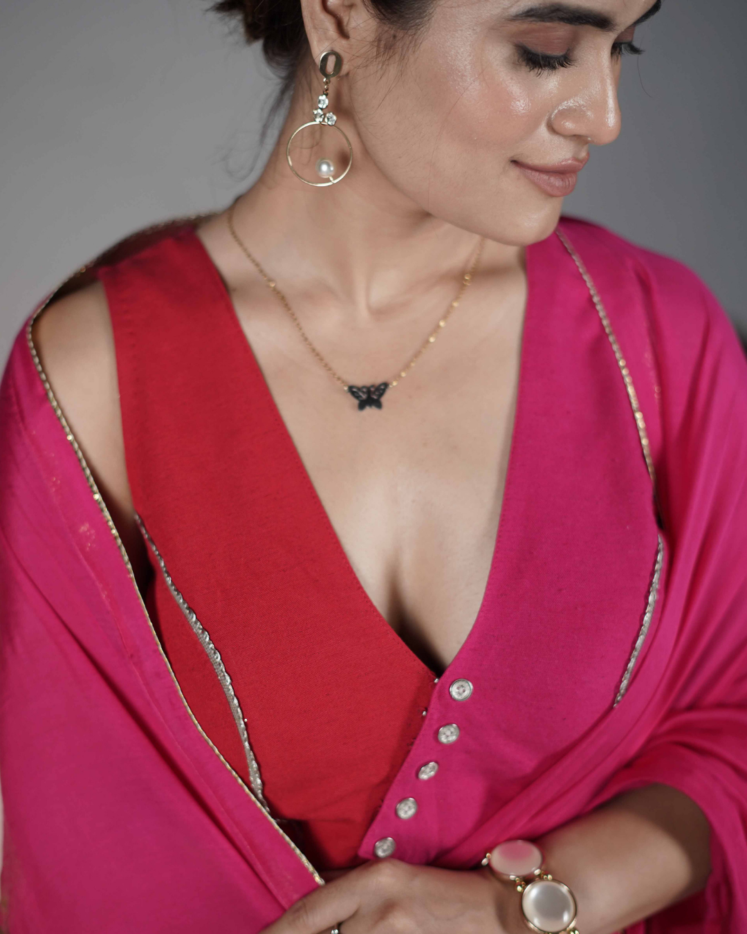 Red & Fuchsia Linen Waistcoat-Style Blouse