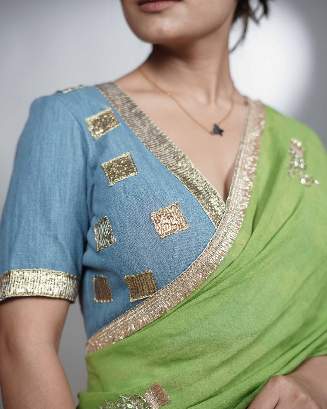 Green cotton georgette hand Embroidered saree gota detailing