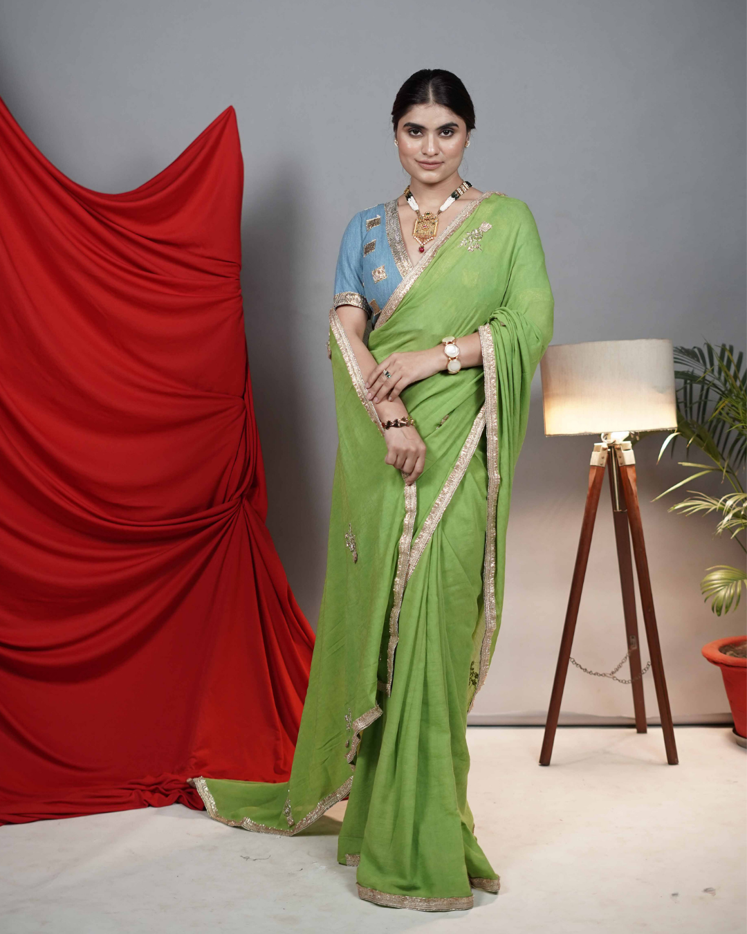Green cotton georgette hand Embroidered saree gota detailing