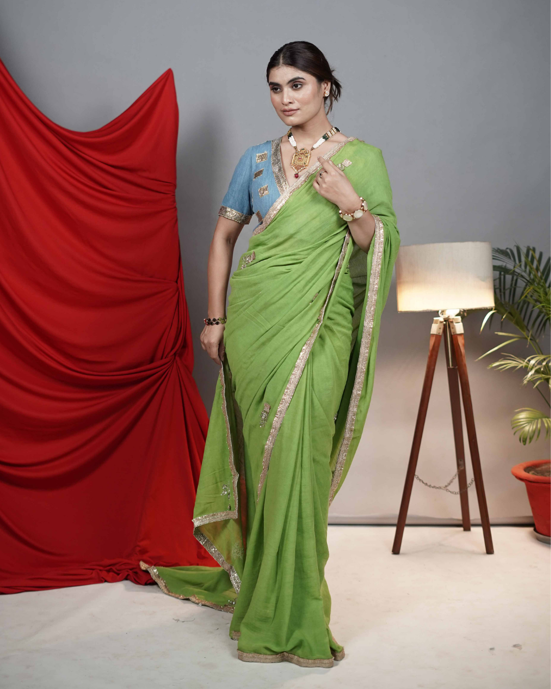 Green cotton georgette hand Embroidered saree gota detailing Secondary image