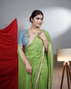 Green cotton georgette hand Embroidered saree gota detailing