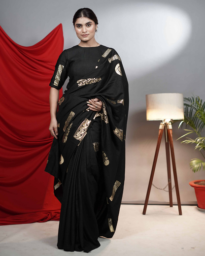 Black Moonga Silk Linen Saree with Foil Print