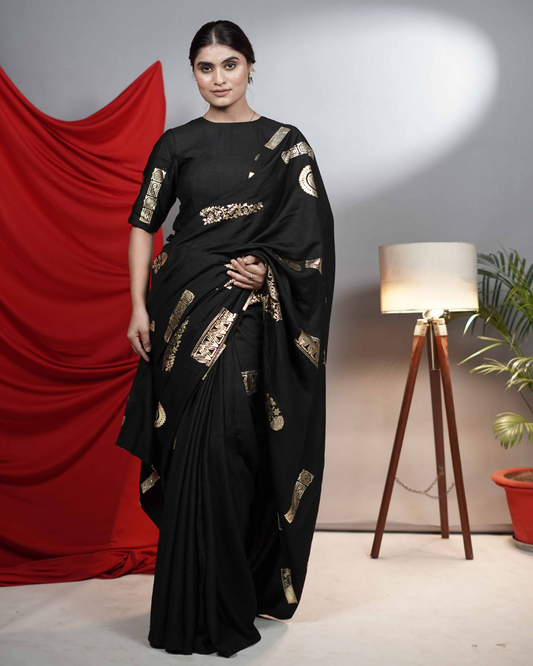 Black Moonga Silk Linen Saree with Foil Print
