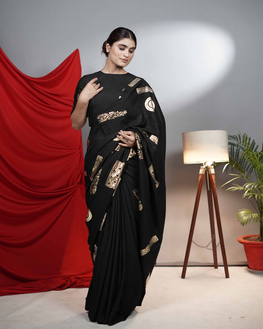 Black Moonga Silk Linen Saree with Foil Print