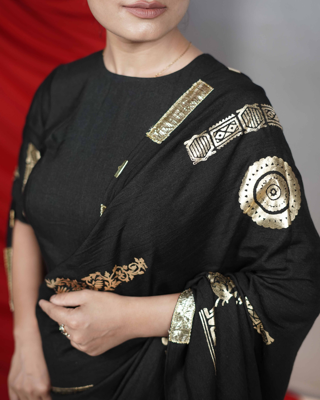 Black Moonga Silk Linen Saree with Foil Print