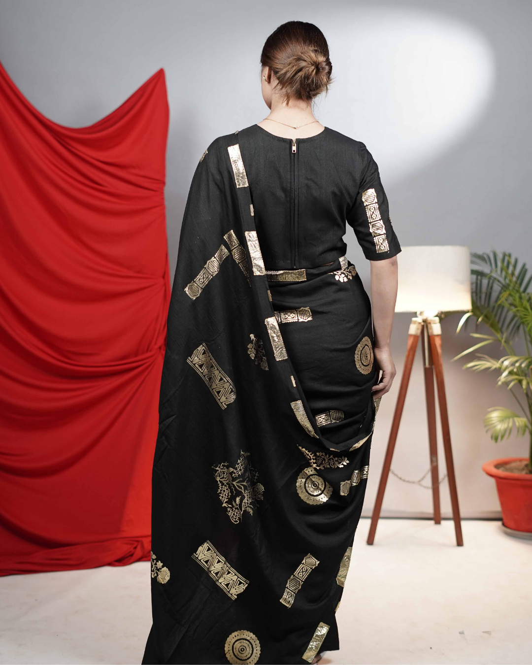 Black Moonga Silk Linen Saree with Foil Print