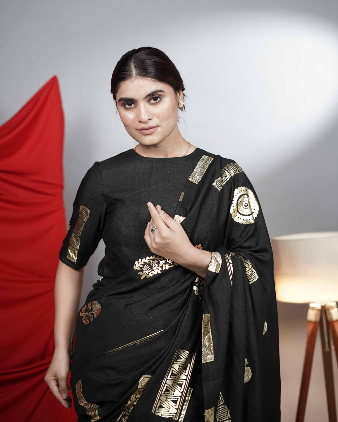 Black Moonga Silk Linen Saree with Foil Print