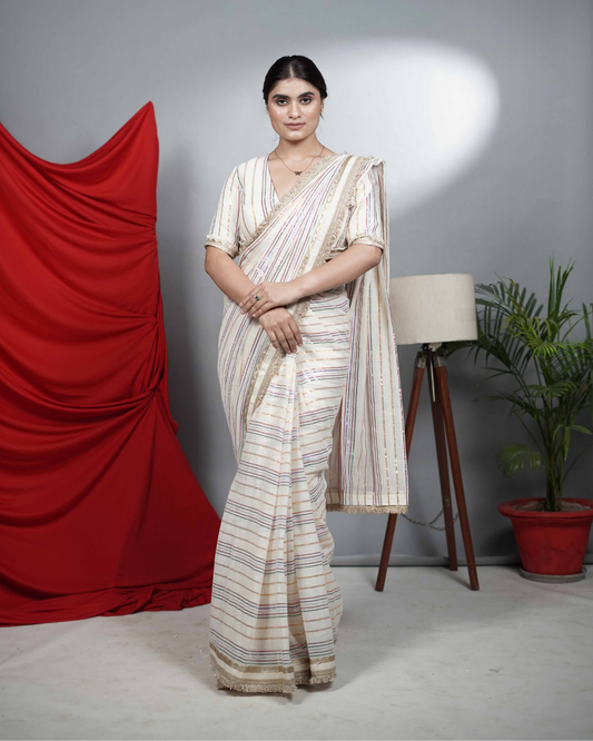 Ivory Multi Metallic Striped Saree
