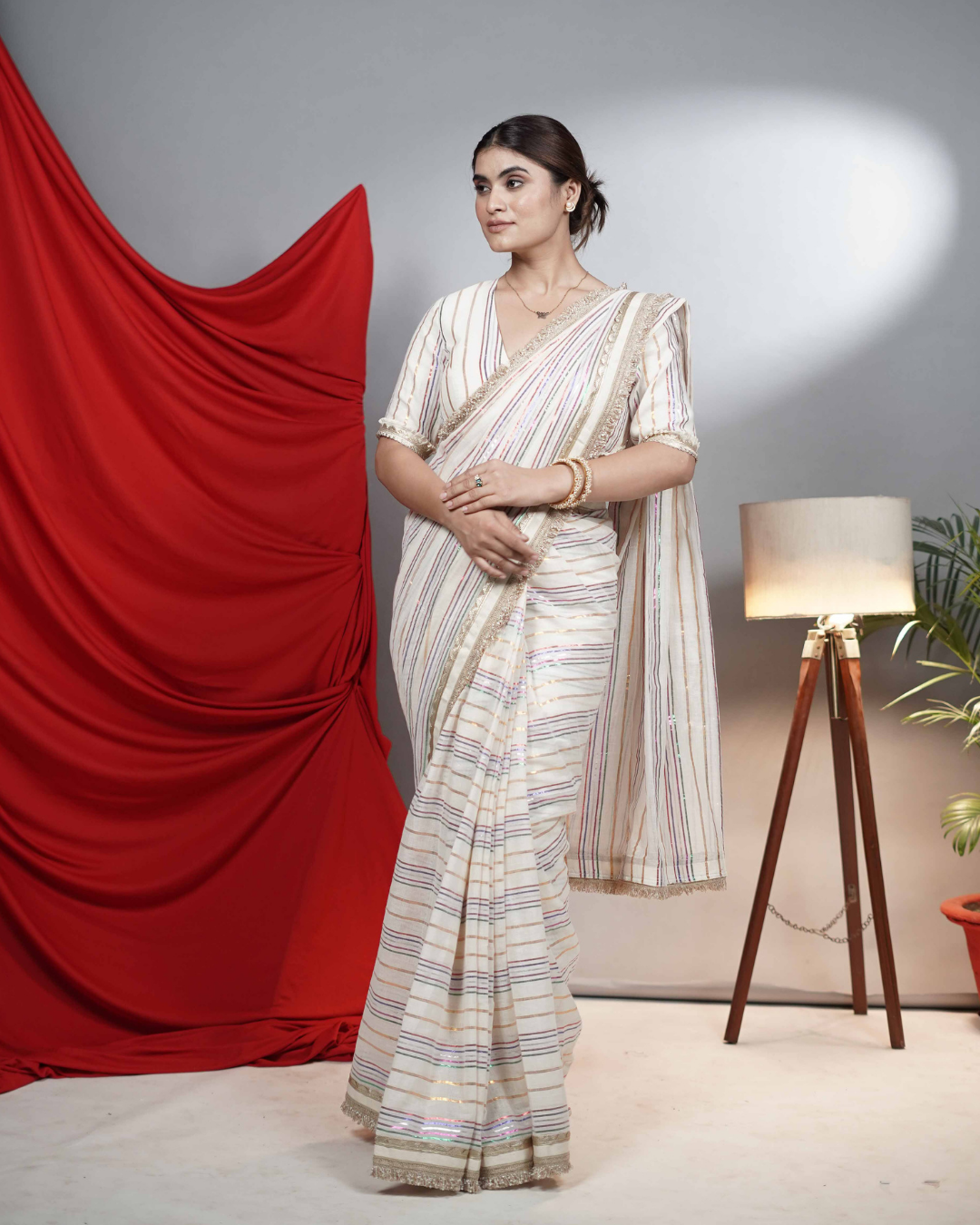 Ivory Multi Metallic Striped Saree