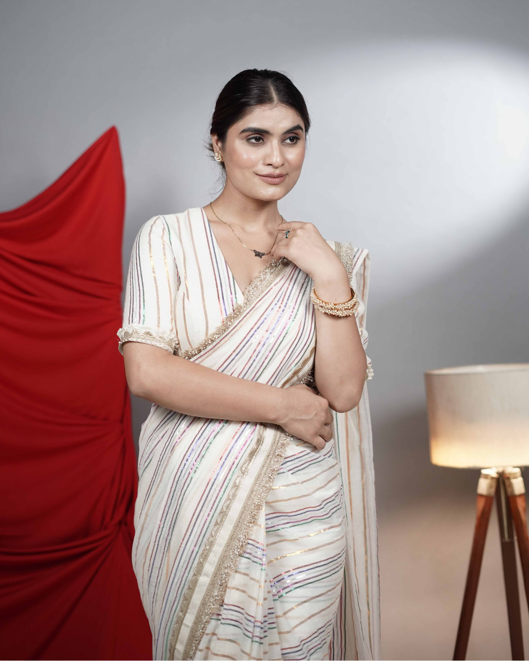 Ivory Multi Metallic Striped Saree