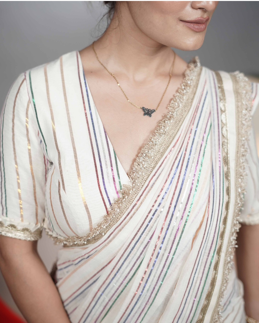 Ivory Multi Metallic Striped Saree
