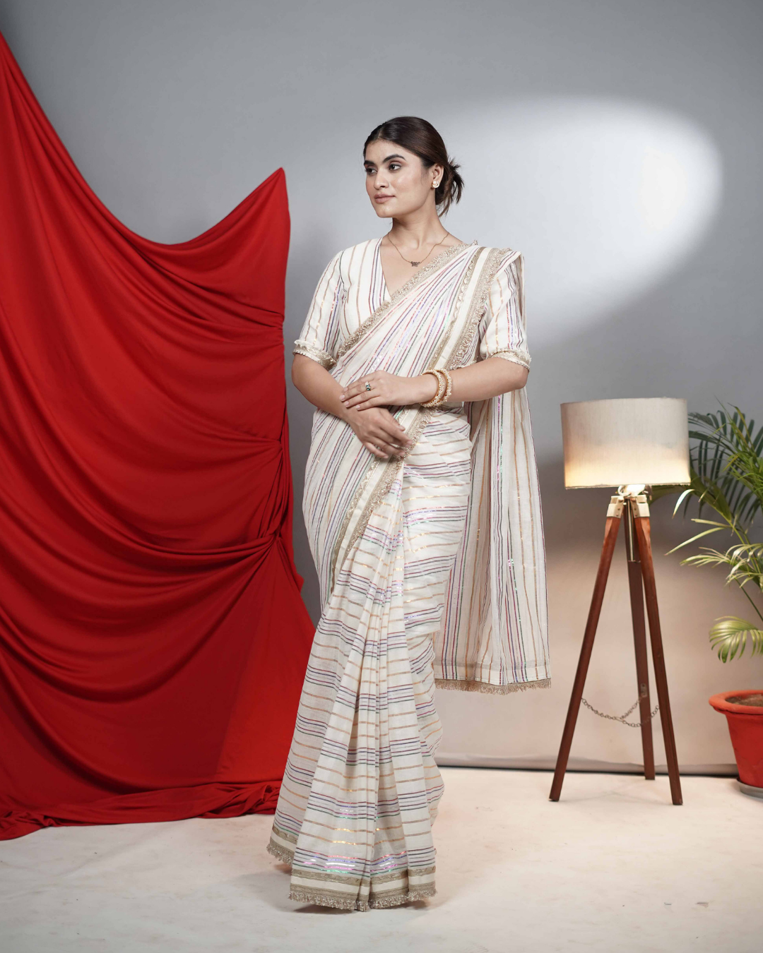Ivory Multi Metallic Striped Saree