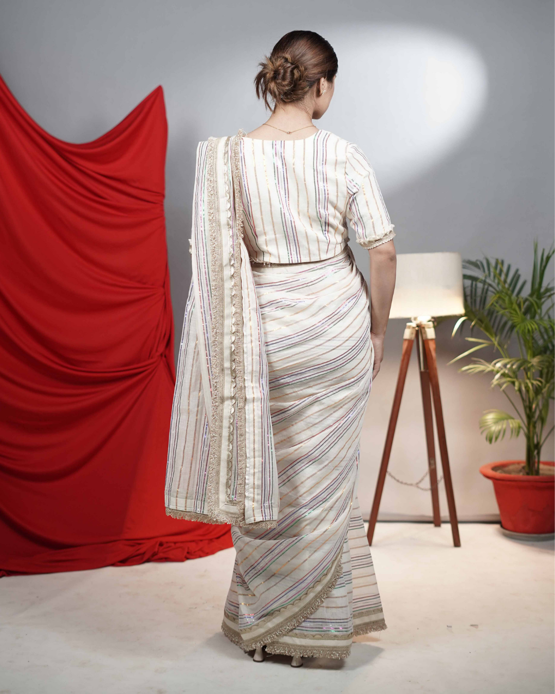 Ivory Multi Metallic Striped Saree