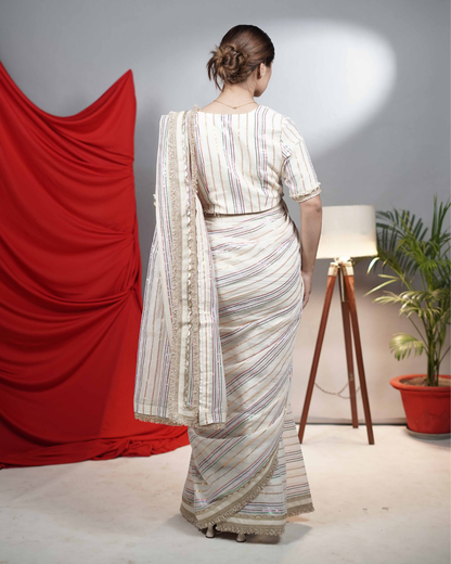 Ivory Multi Metallic Striped Saree
