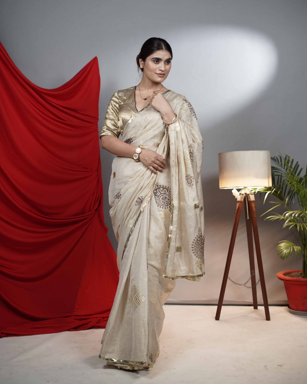 Gold Tissue Saree with Handblock & Foil Print