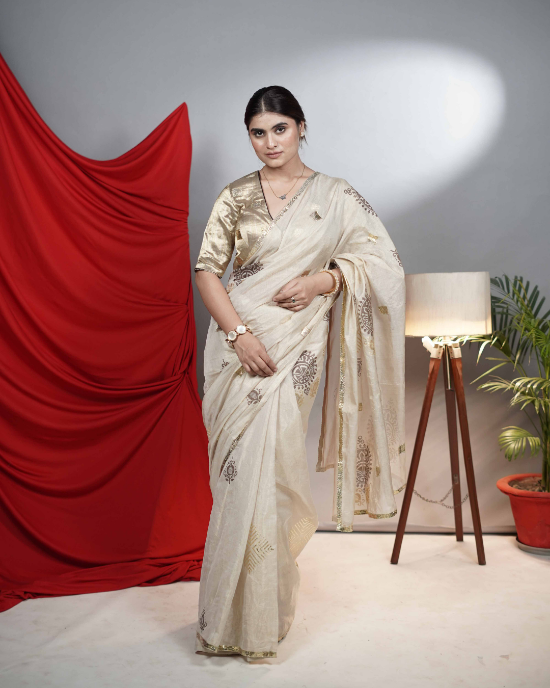 Gold Tissue Saree with Handblock & Foil Print