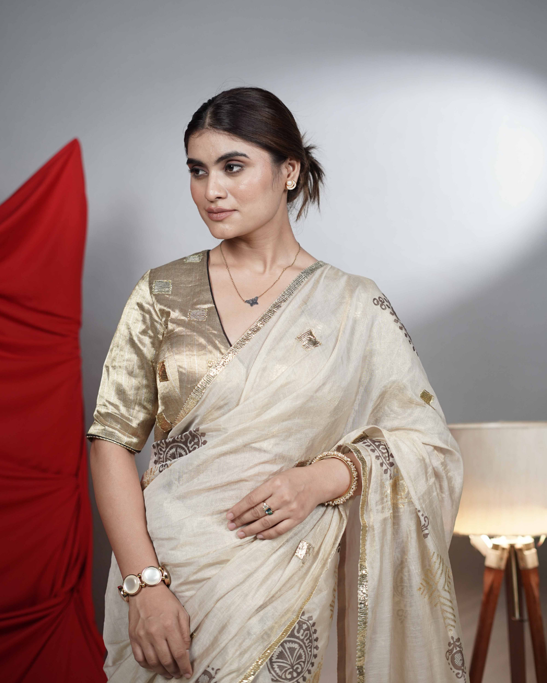 Gold Tissue Saree with Handblock & Foil Print