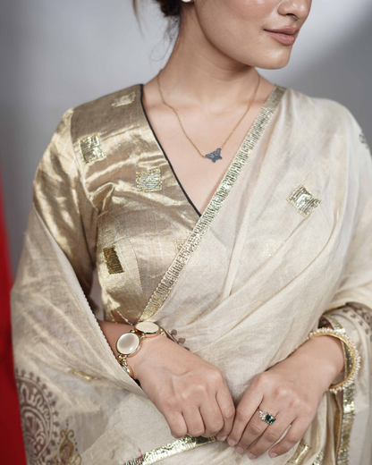 Gold Tissue Saree with Handblock & Foil Print
