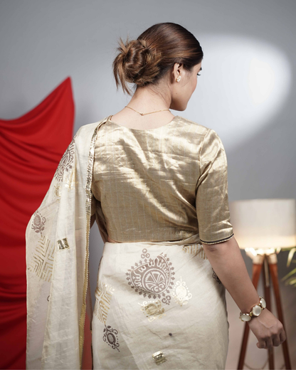 Gold Tissue Saree with Handblock & Foil Print