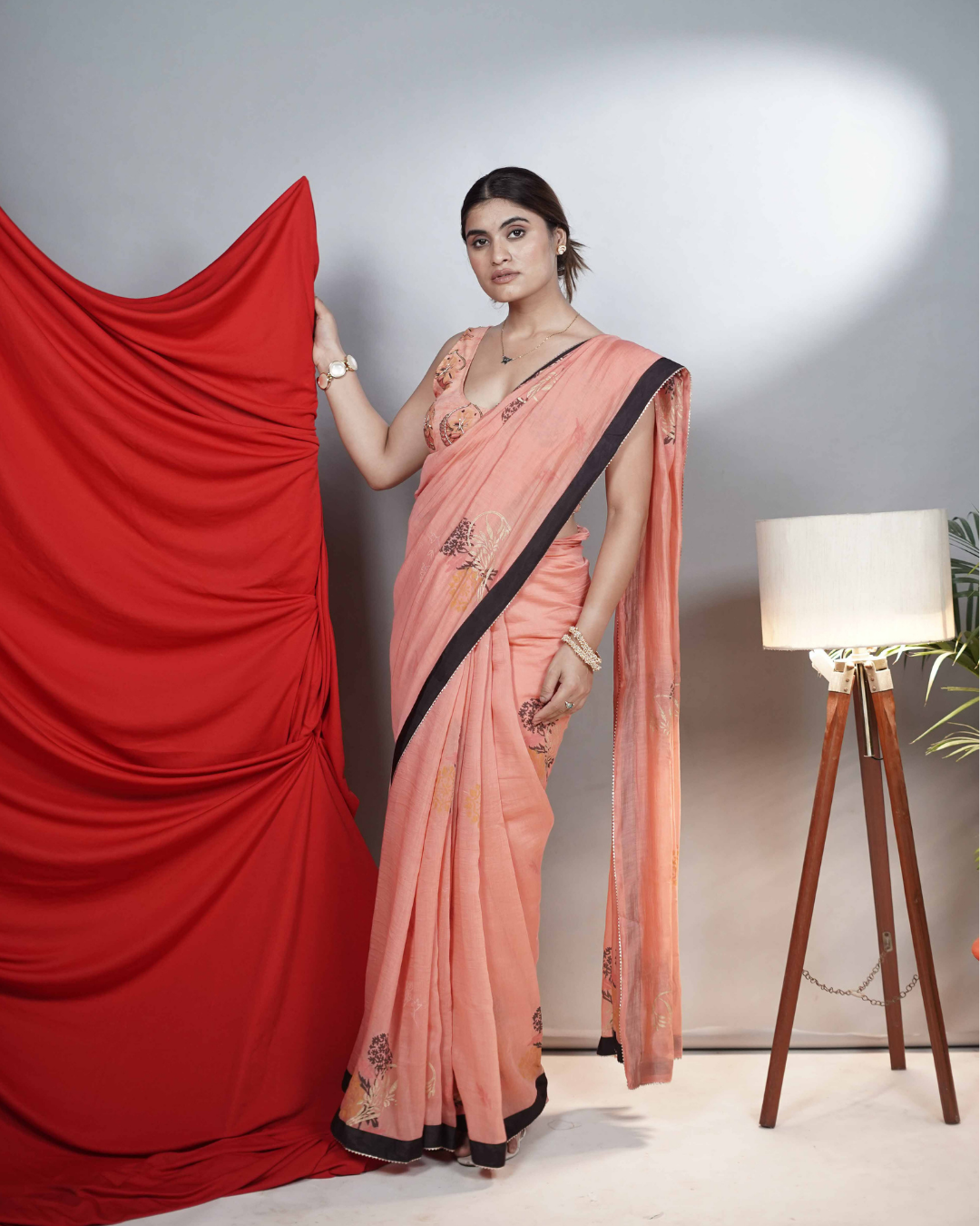 Peach Chanderi Handblock Printed Saree