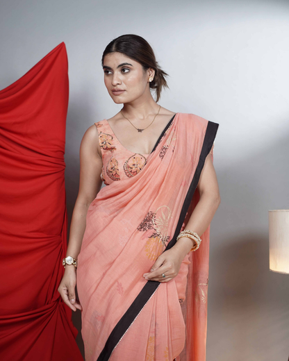 Peach Chanderi Handblock Printed Saree