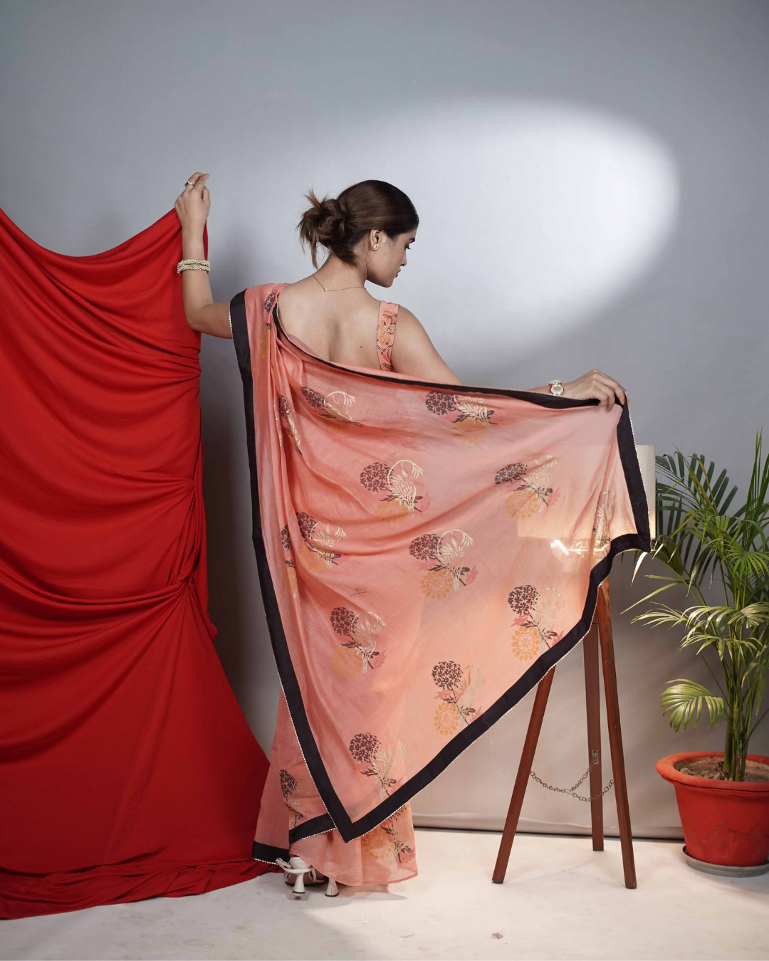 Peach Chanderi Handblock Printed Saree
