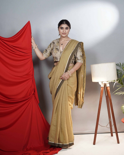 Mustard Yellow Chanderi Embroidered Saree