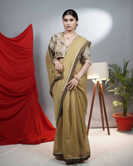 Mustard Yellow Chanderi Embroidered Saree