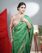 Green Handblock printed Saree