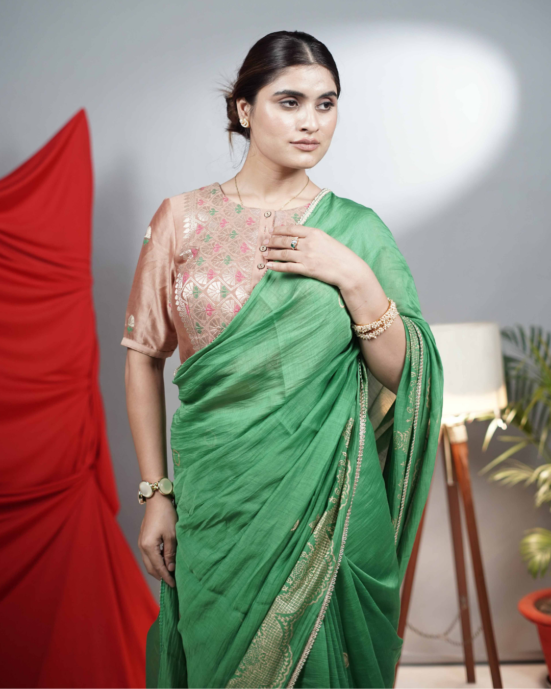 Green Handblock printed Saree