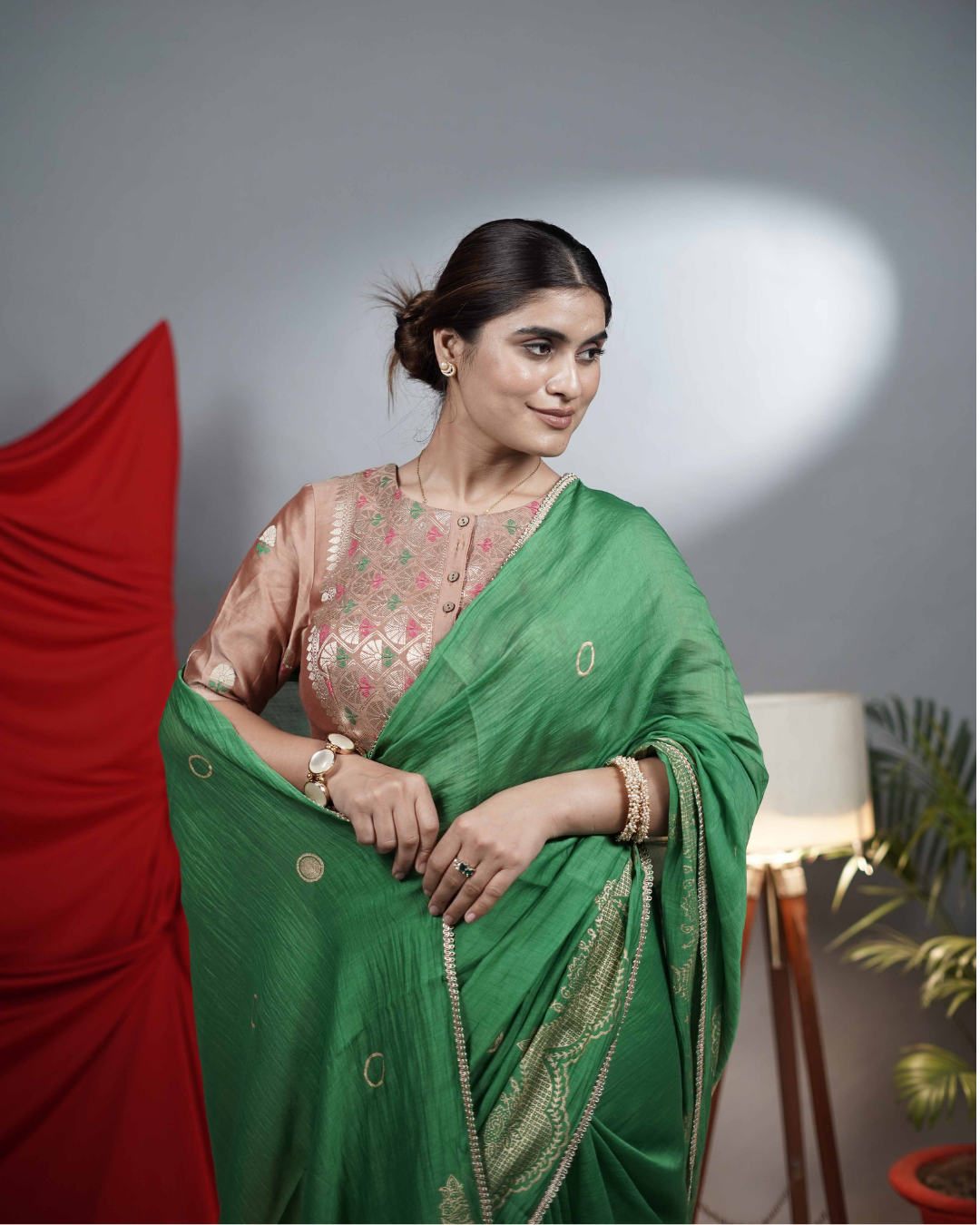 Green Handblock printed Saree