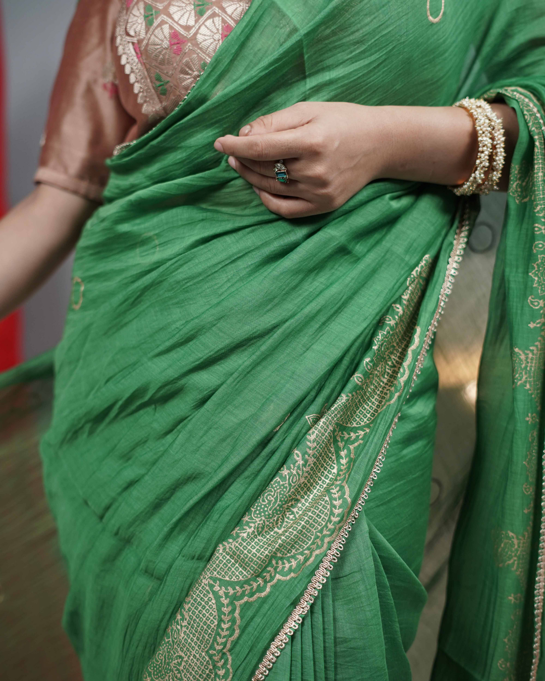 Green Handblock printed Saree