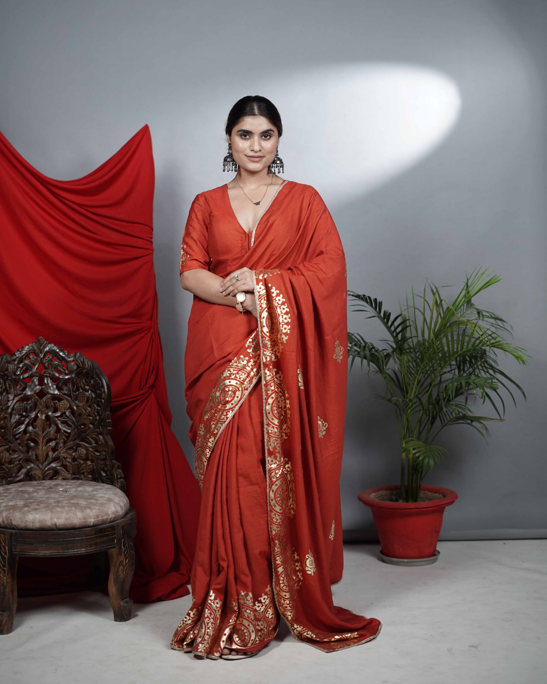 Rust Foil Print Saree