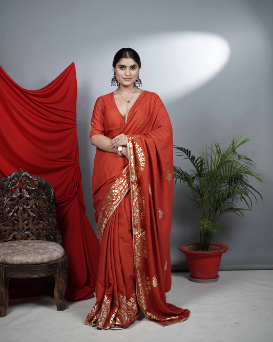 Rust Foil Print Saree