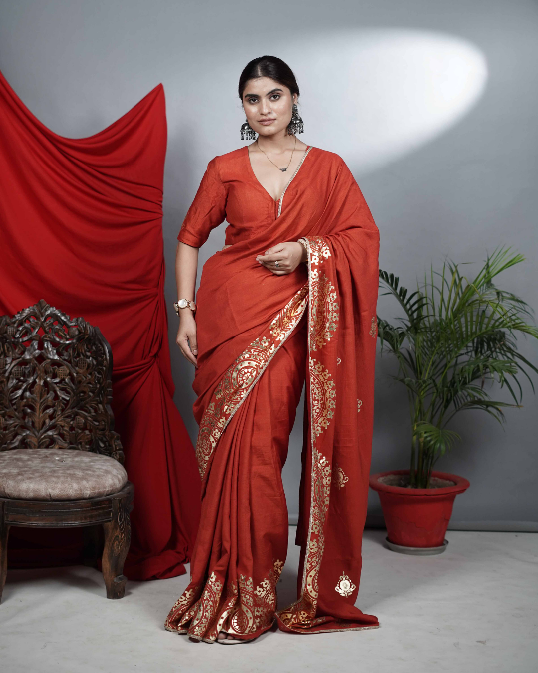 Rust Foil Print Saree