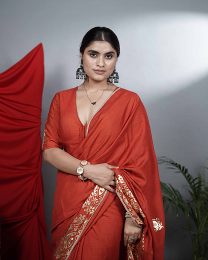 Rust Foil Print Saree