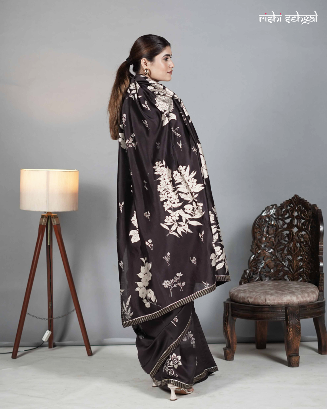 Brown hand block printed chanderi saree