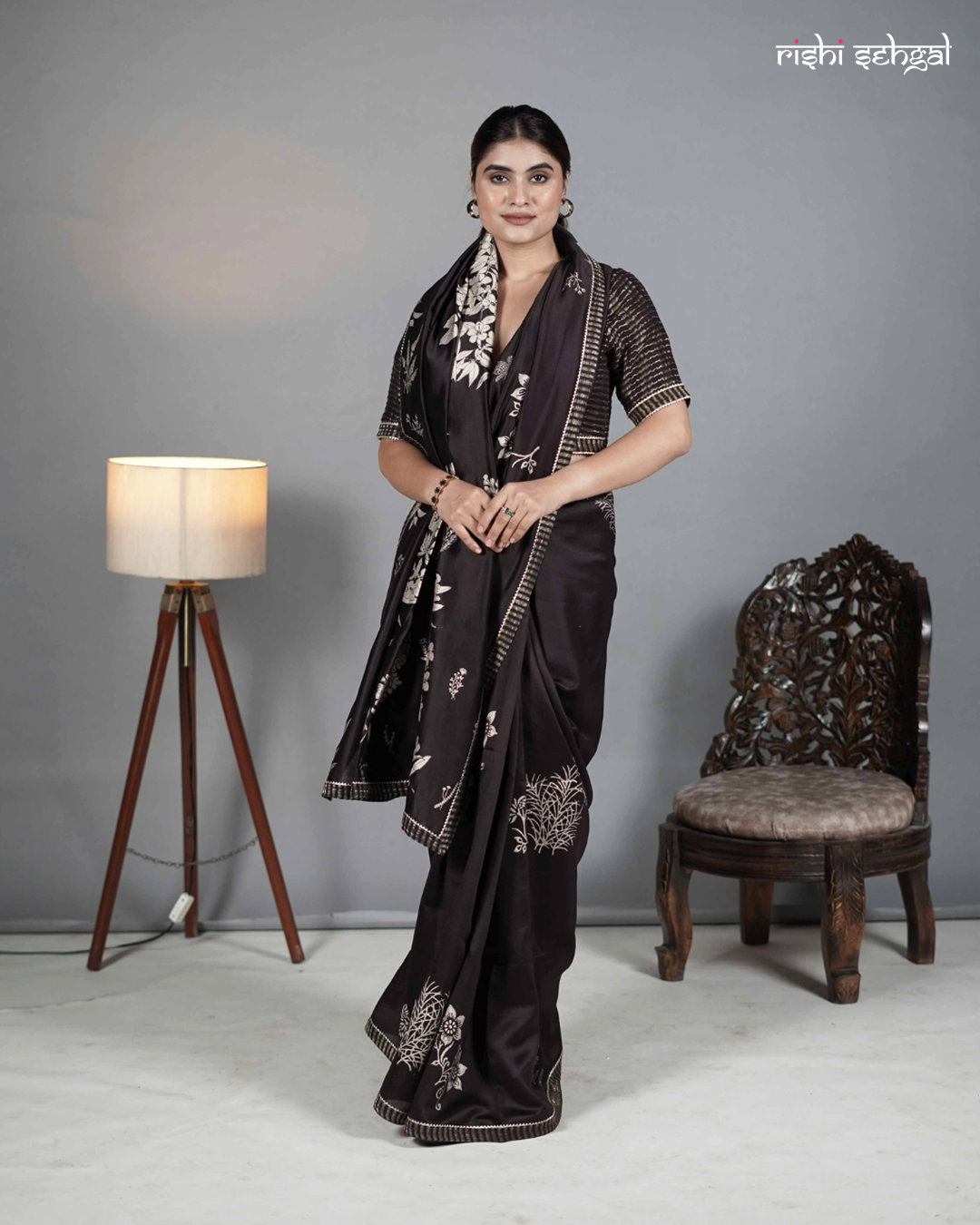 Brown hand block printed chanderi saree