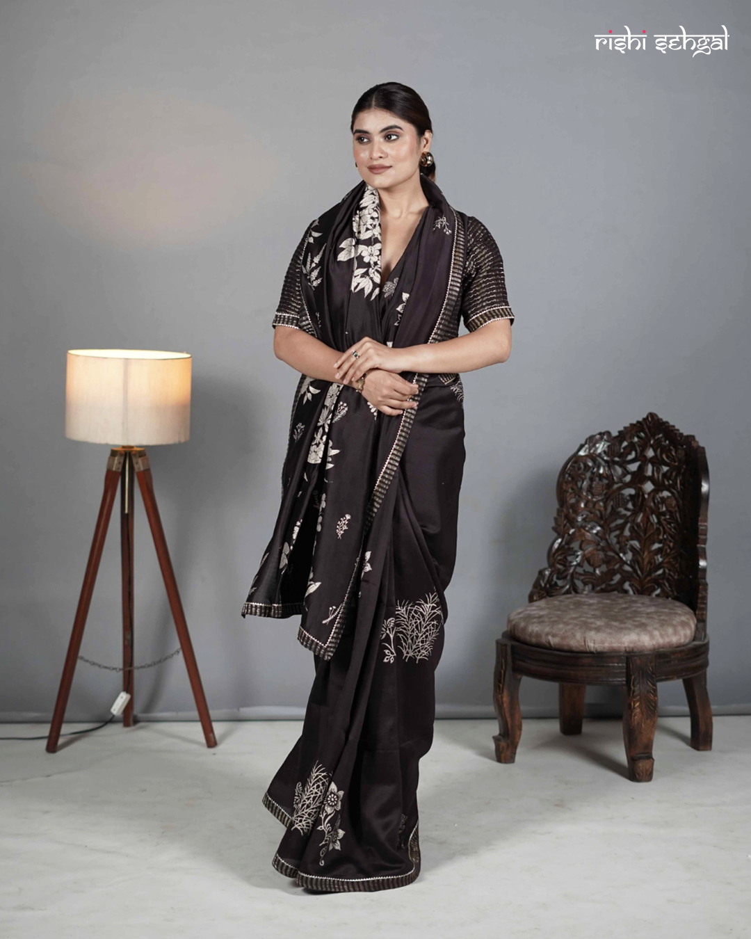 Brown hand block printed chanderi saree