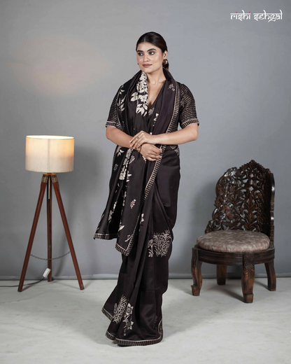 Brown hand block printed chanderi saree