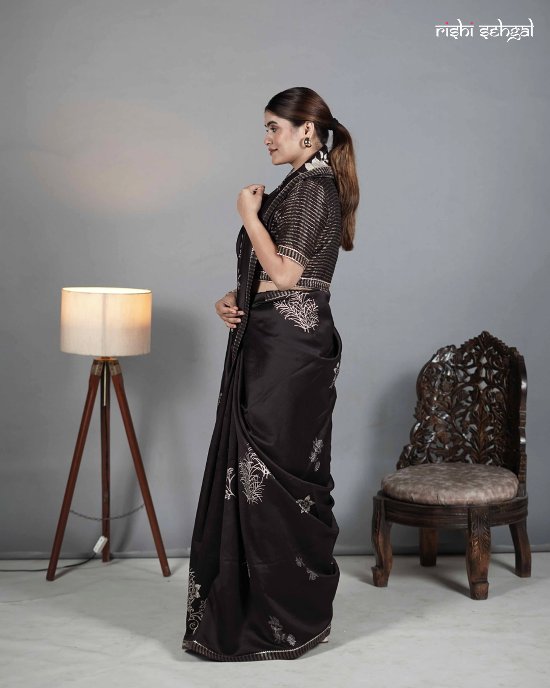 Brown hand block printed chanderi saree