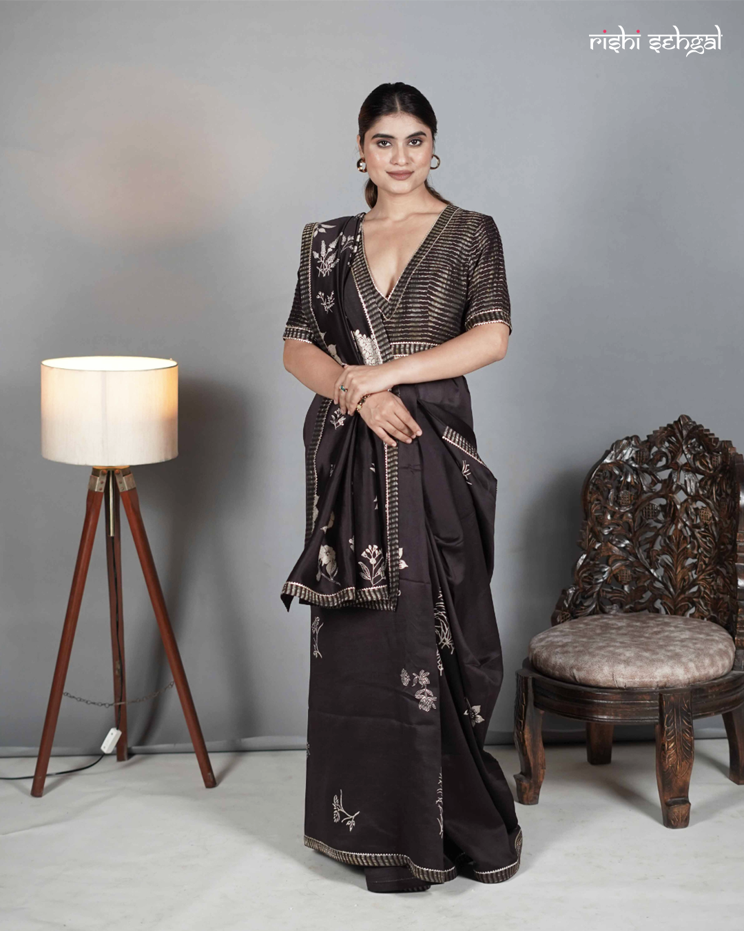 Brown hand block printed chanderi saree Main image