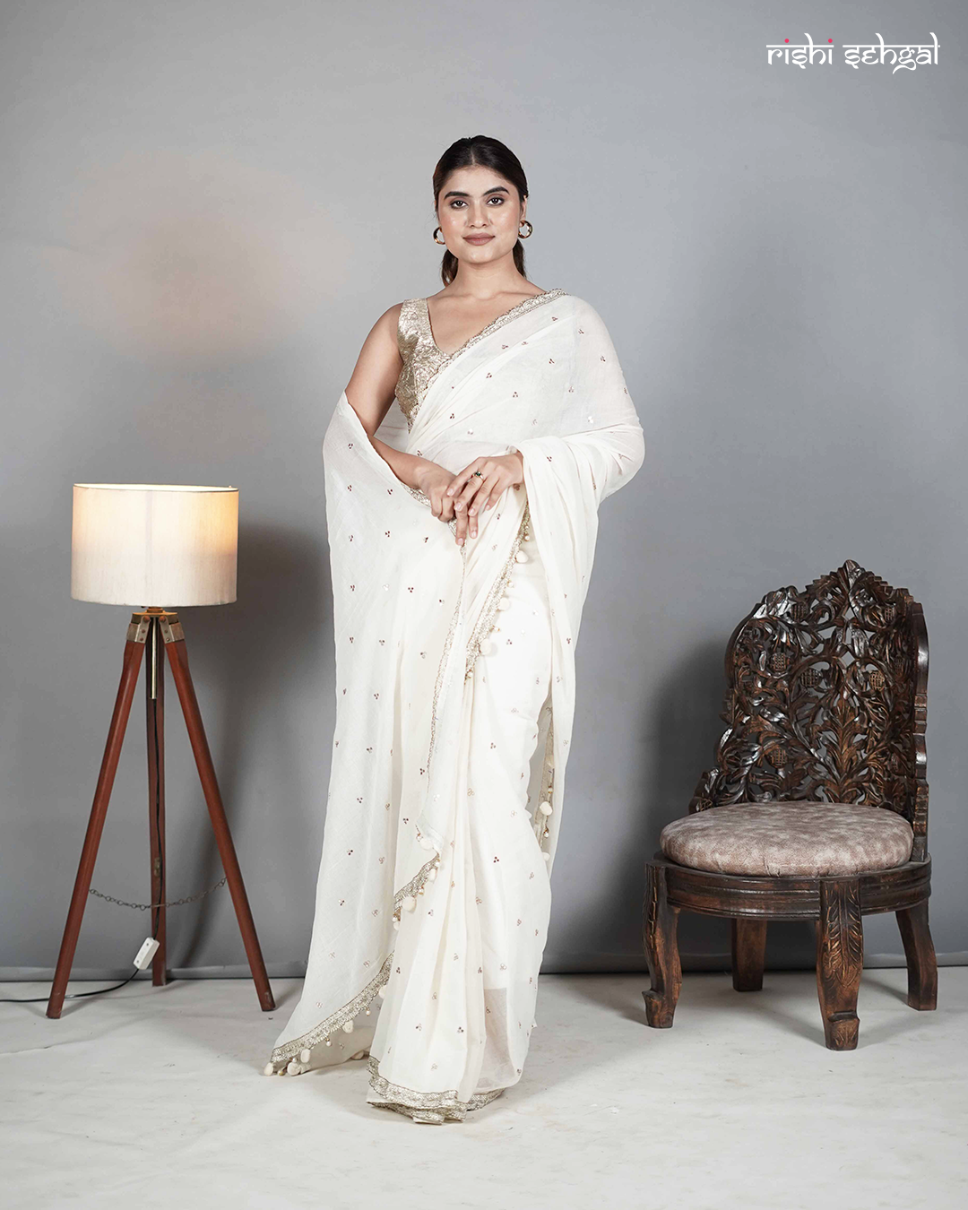 Ivory Cotton Mirror Work Saree