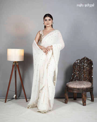 Ivory Cotton Mirror Work Saree